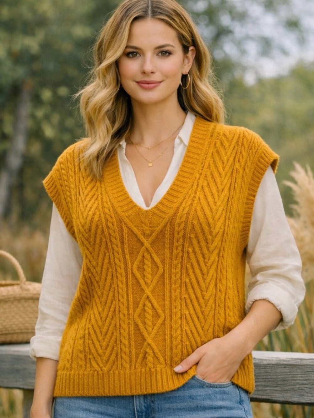 Anthropologie Cable-Knit V-Neck Sweater Vest — Mustard